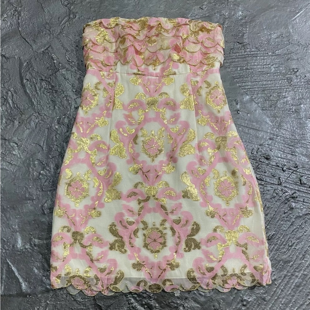 Lilly Pulitzer Celina Pink Floral Metallic Gold Ruffle Strapless Dress